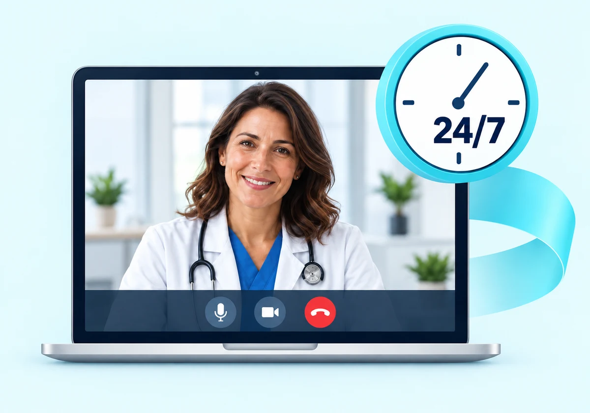 Illustration: a laptop video visit with a doctor and a 24/7 clock.