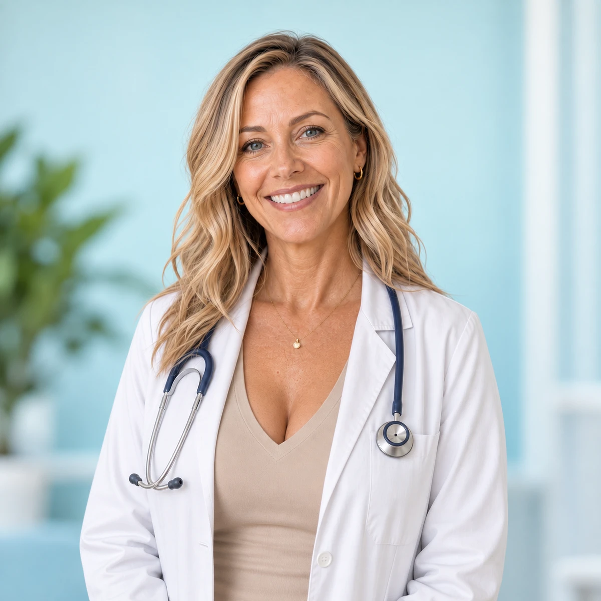 Illustrative photo: a smiling doctor in a white coat with a stethoscope.